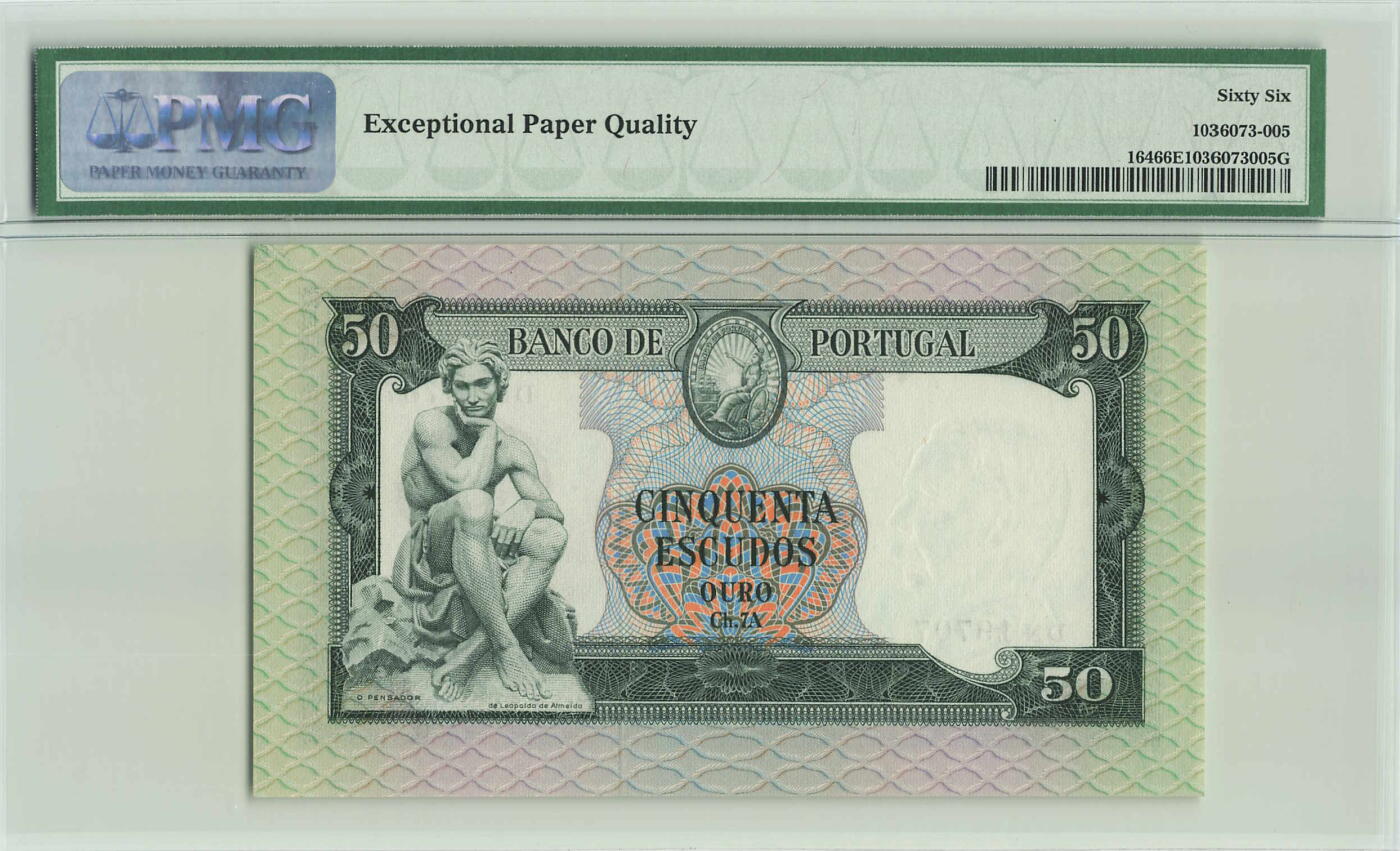 小福收藏拍卖第204期 评级币精选场 本期有 荷兰经典AA冠拿杯子的蛇 叙利亚世遗帕尔米拉古城豹子号冠军分 法国红衣主教冠军分 意大利经典达芬奇   白俄罗斯 "Millennium" 纪念版AA冠全同千位号全套  南斯拉夫铁托未发行版 美国 墨西哥 越南 法属印度支那等多国精美高分珍稀老钞精品纸币 葡萄牙 1960年 50埃斯库多 PMG66 EPQ 季军分