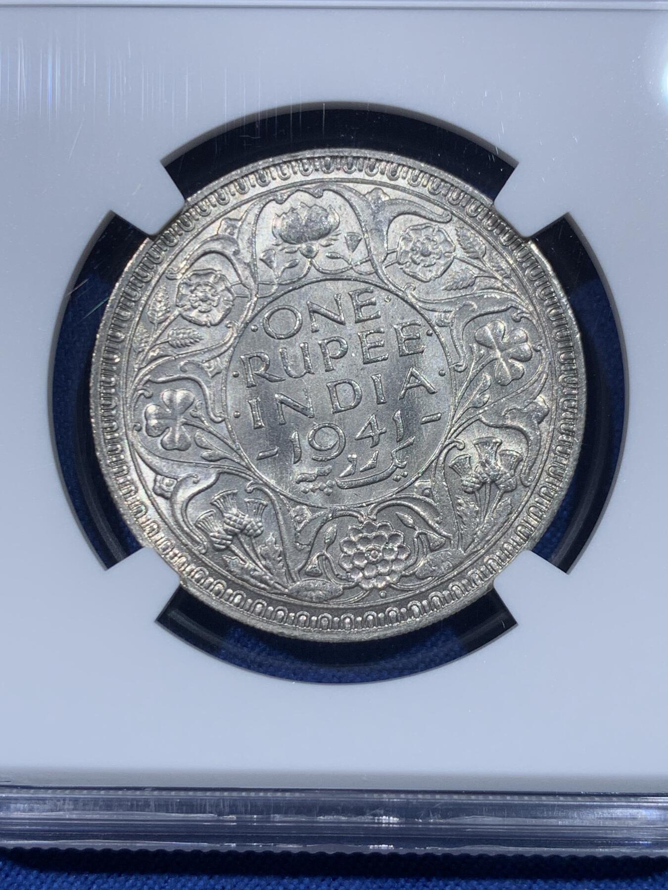 《竞宝斋》第475场 周日，周一 2场连拍 （全场包邮）欢迎送拍 NGC MS62 英属印度1941年乔治六世1卢比银币