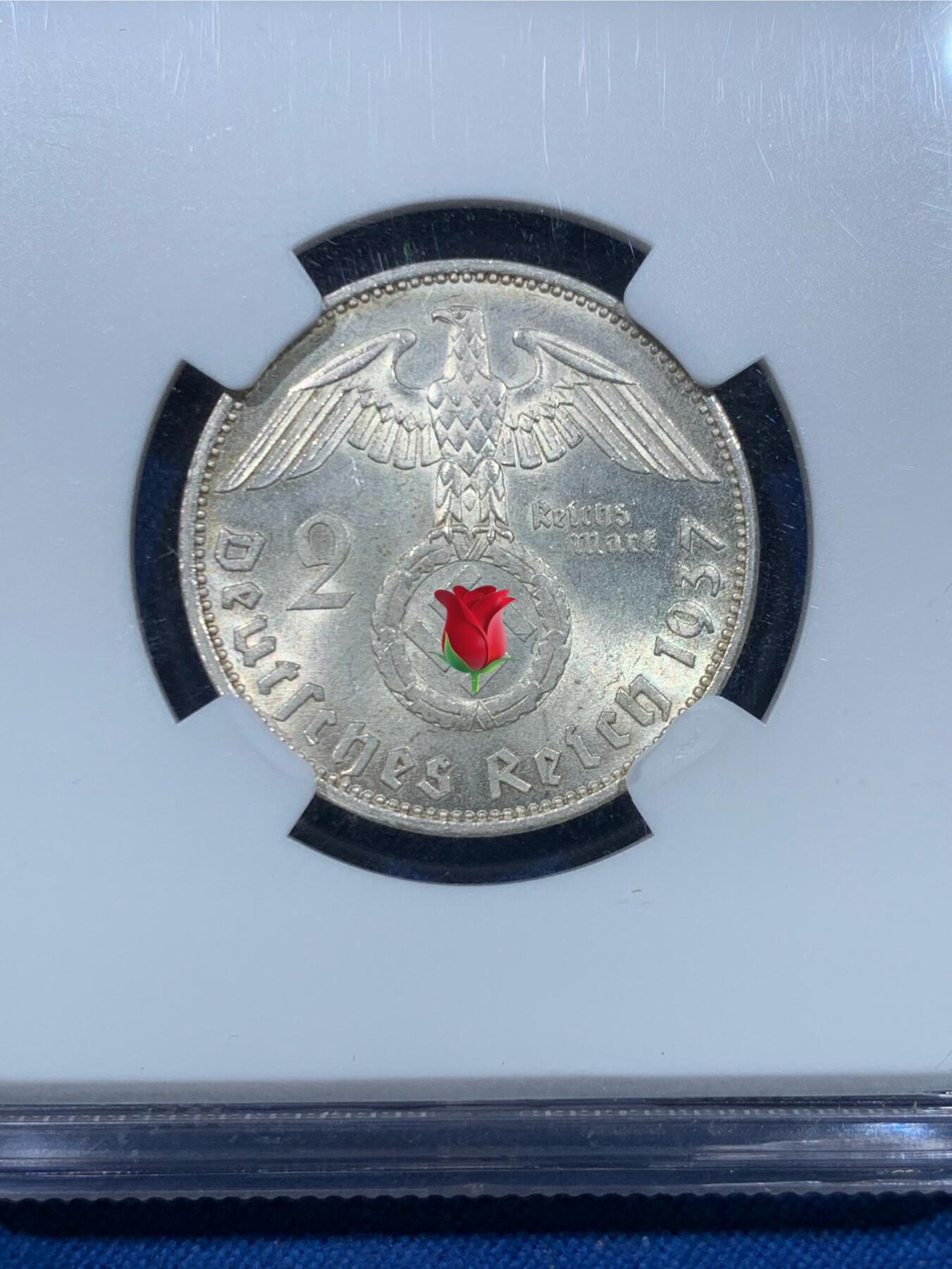 《竞宝斋》第475场 周日，周一 2场连拍 （全场包邮）欢迎送拍 NGC MS63 德国1937年兴登堡2马克银币