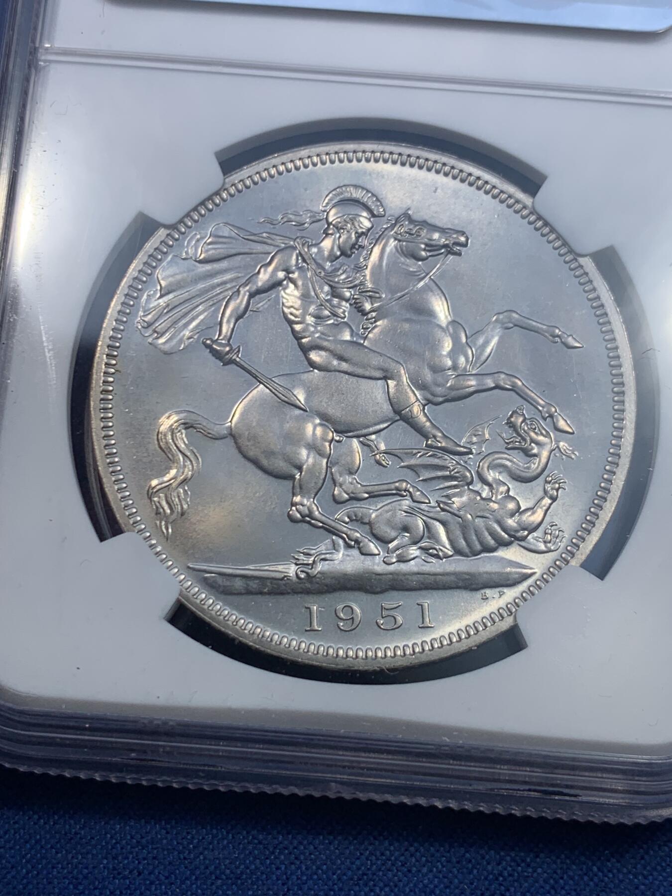 《竞宝斋》第475场 周日，周一 2场连拍 （全场包邮）欢迎送拍 NGC PL64 英国1951年乔治六世镍马剑克朗 最后的马剑 状态不错