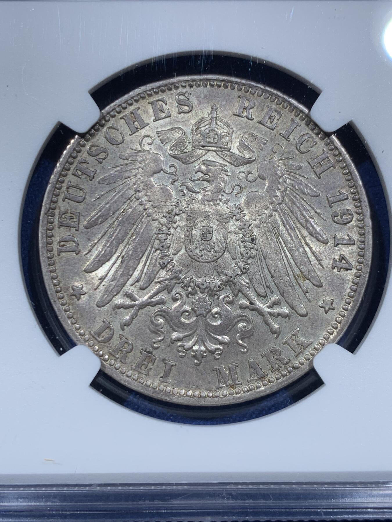 《竞宝斋》第475场 周日，周一 2场连拍 （全场包邮）欢迎送拍 NGC MS62 德国 1914年 巴伐利亚路德维希三世 3马克银币 双面淡彩光感不错