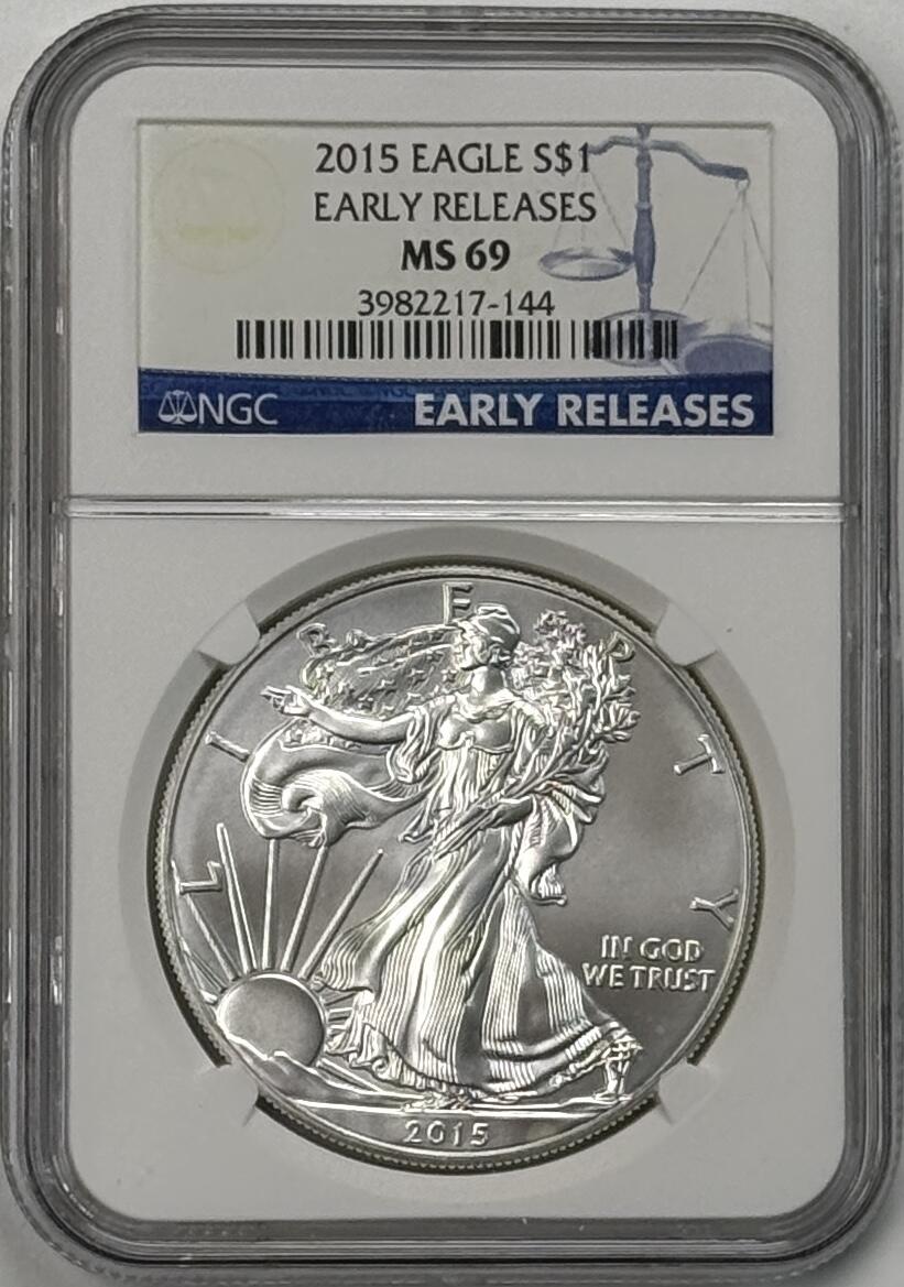 S&S Numismatic世界钱币-拍卖 第123期  美国2015年 自由行走女神 1美元1盎司投资银币 31.1克999银  NGC MS69首期蓝标