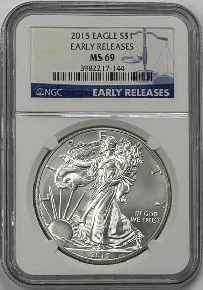 S&S Numismatic世界钱币-拍卖 第123期  - 美国2015年 自由行走女神 1美元1盎司投资银币 31.1克999银  NGC MS69首期蓝标