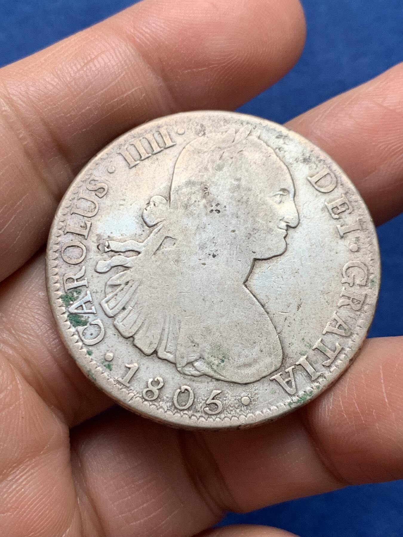 《竞宝斋》第475场 周日，周一 2场连拍 （全场包邮）欢迎送拍 西属墨西哥1805年MO TH卡洛斯四世双柱银币