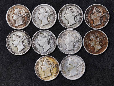 【俄甄集藏】2026年(050)04-01星期三 晚 19:30 全场包邮 - 英属香港1888-1900年维多利亚五仙银币10枚一组，原味状态