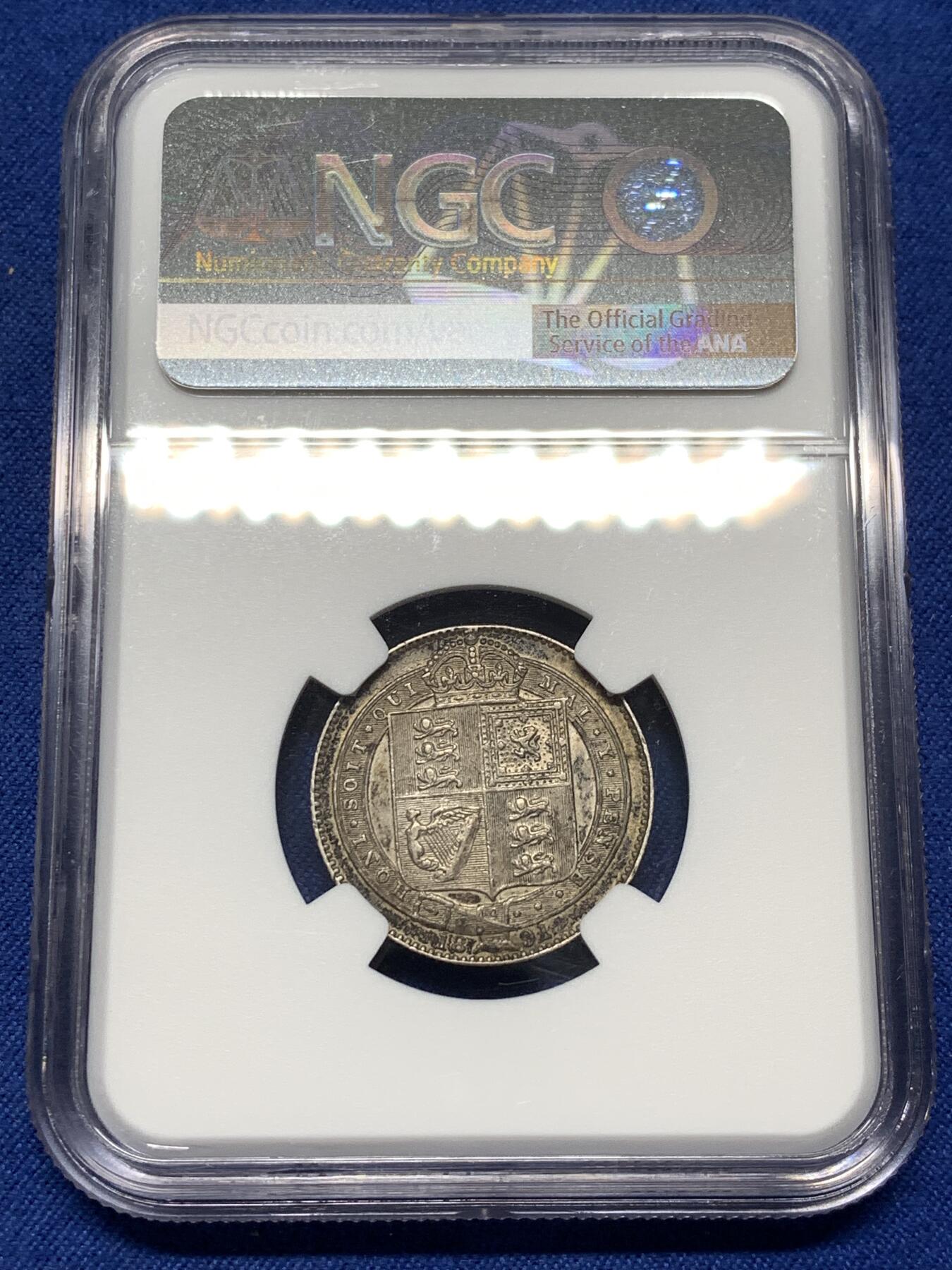 《竞宝斋》第475场 周日，周一 2场连拍 （全场包邮）欢迎送拍 NGC AU58 英国 1891年 维多利亚高冠 1先令银币 原味包浆