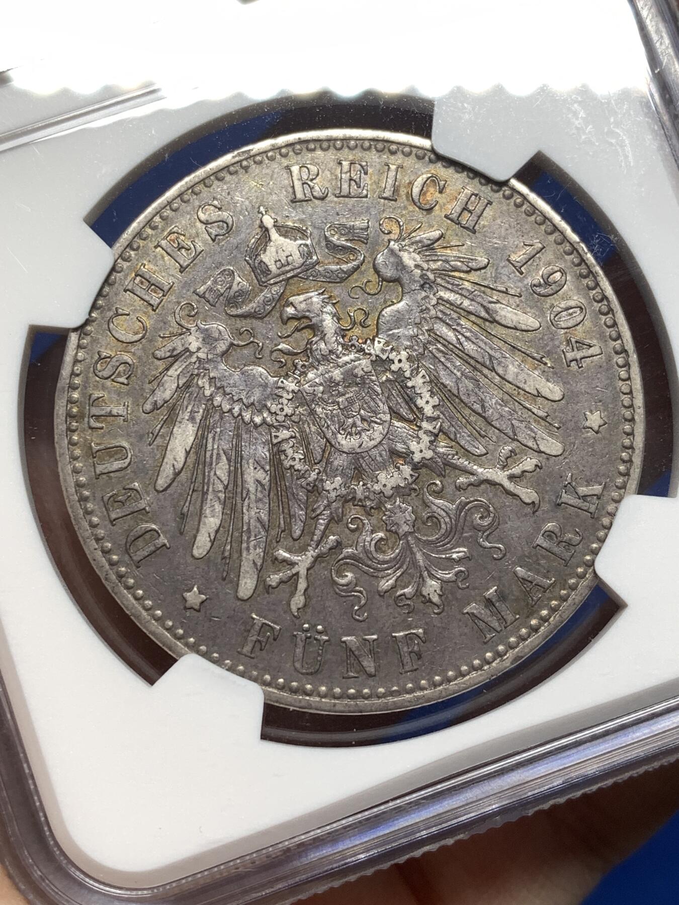 《竞宝斋》第475场 周日，周一 2场连拍 （全场包邮）欢迎送拍 NGC XFD 德国1904年威廉二世5马克银币