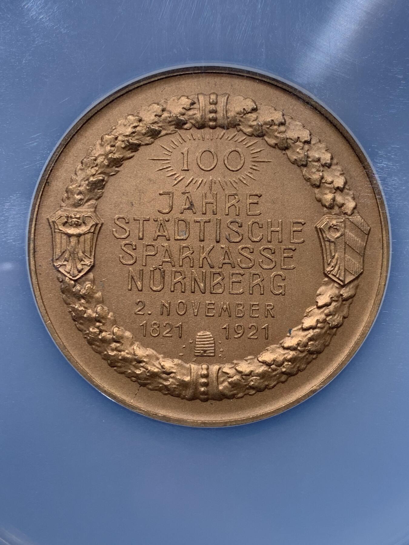 《竞宝斋》第475场 周日，周一 2场连拍 （全场包邮）欢迎送拍 NGC MS65BN 德国1921纽伦堡市立储蓄银行成立100周年纪念铜章 51mm 加大盒封装