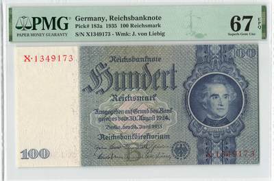 小福收藏拍卖第204期 评级币精选场 本期有 荷兰经典AA冠拿杯子的蛇 叙利亚世遗帕尔米拉古城豹子号冠军分 法国红衣主教冠军分 意大利经典达芬奇   白俄罗斯 "Millennium" 纪念版AA冠全同千位号全套  南斯拉夫铁托未发行版 美国 墨西哥 越南 法属印度支那等多国精美高分珍稀老钞精品纸币 - 德国 1935年 100马克 有机化学之父李比希男爵 PMG67 EPQ 亚军分（冠军分仅1枚）