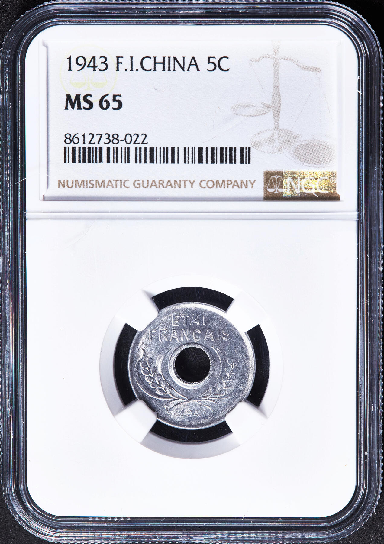 【俄甄集藏】2026年(050)04-01星期三 晚 19:30 全场包邮 法属印度支那1943年中孔5分铝币，NGC MS65，转光品相