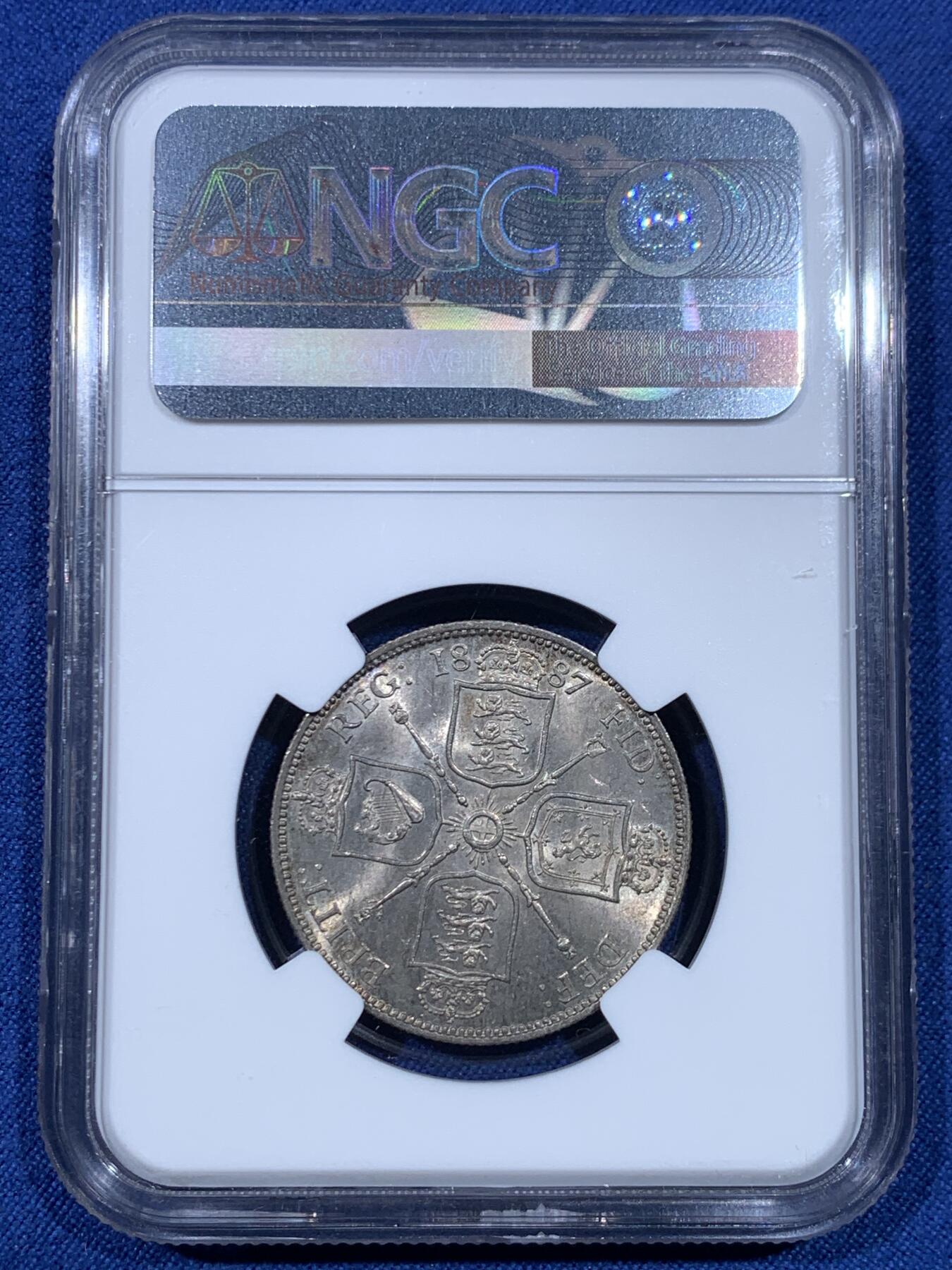 《竞宝斋》第475场 周日，周一 2场连拍 （全场包邮）欢迎送拍 NGC MS62 英国1887年高冠1弗洛林银币，淡包浆，转光不错