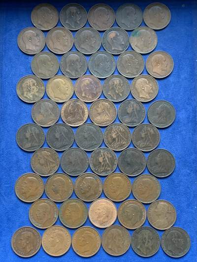 《竞宝斋》第475场 周日，周一 2场连拍 （全场包邮）欢迎送拍 - 51枚一组 英国1便士铜币 各个年份 品种丰富 总重479.4克