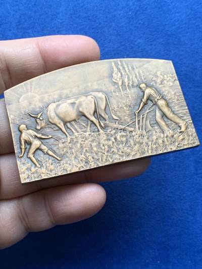 《竞宝斋》第475场 周日，周一 2场连拍 （全场包邮）欢迎送拍 - 法国田园风光-农忙耕作方型大铜章 92.6克 43*69.2mm 丰饶角铜标