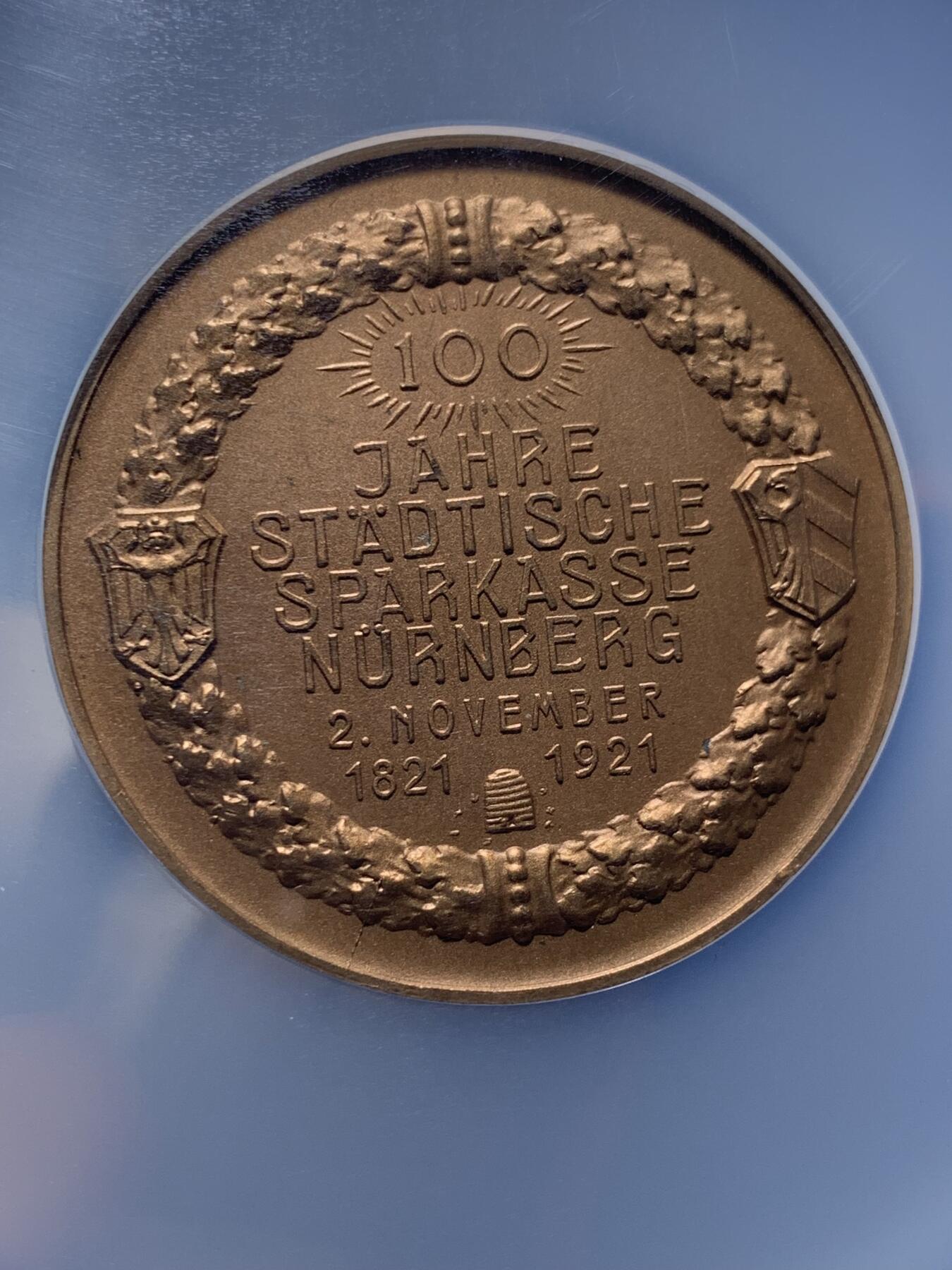 《竞宝斋》第475场 周日，周一 2场连拍 （全场包邮）欢迎送拍 NGC MS65BN 德国1921纽伦堡市立储蓄银行成立100周年纪念铜章 51mm 加大盒封装