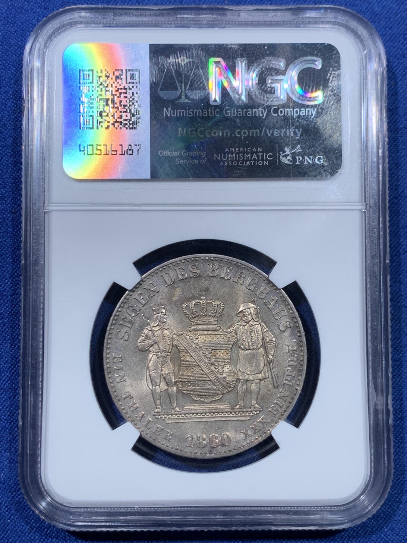 《竞宝斋》第475场 周日，周一 2场连拍 （全场包邮）欢迎送拍 NGC AU58 德国 1860 萨克森矿业泰勒 略感低评