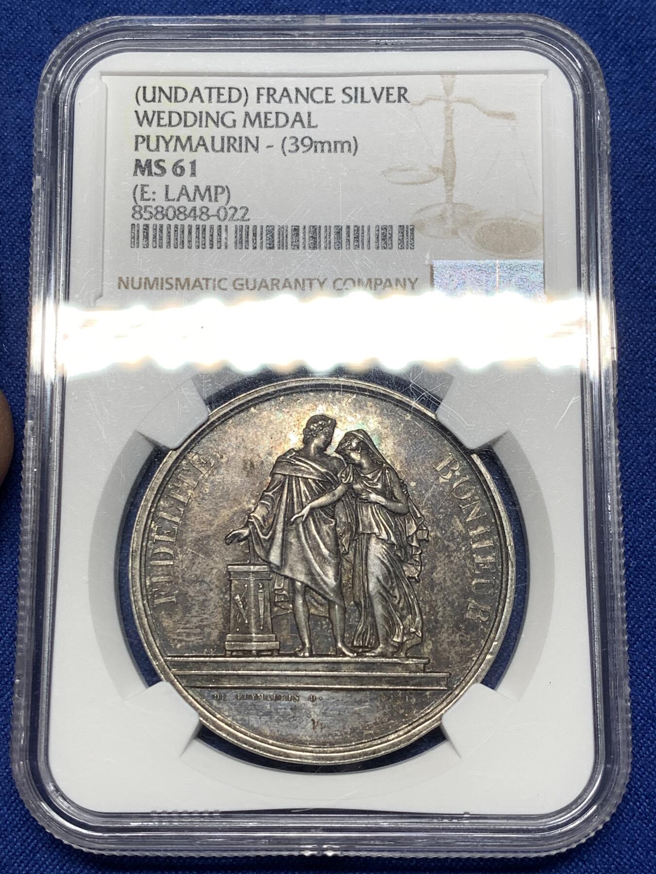 《竞宝斋》第475场 周日，周一 2场连拍 （全场包邮）欢迎送拍 NGC MS61 法国结婚纪念银章 39mm 油灯边铭