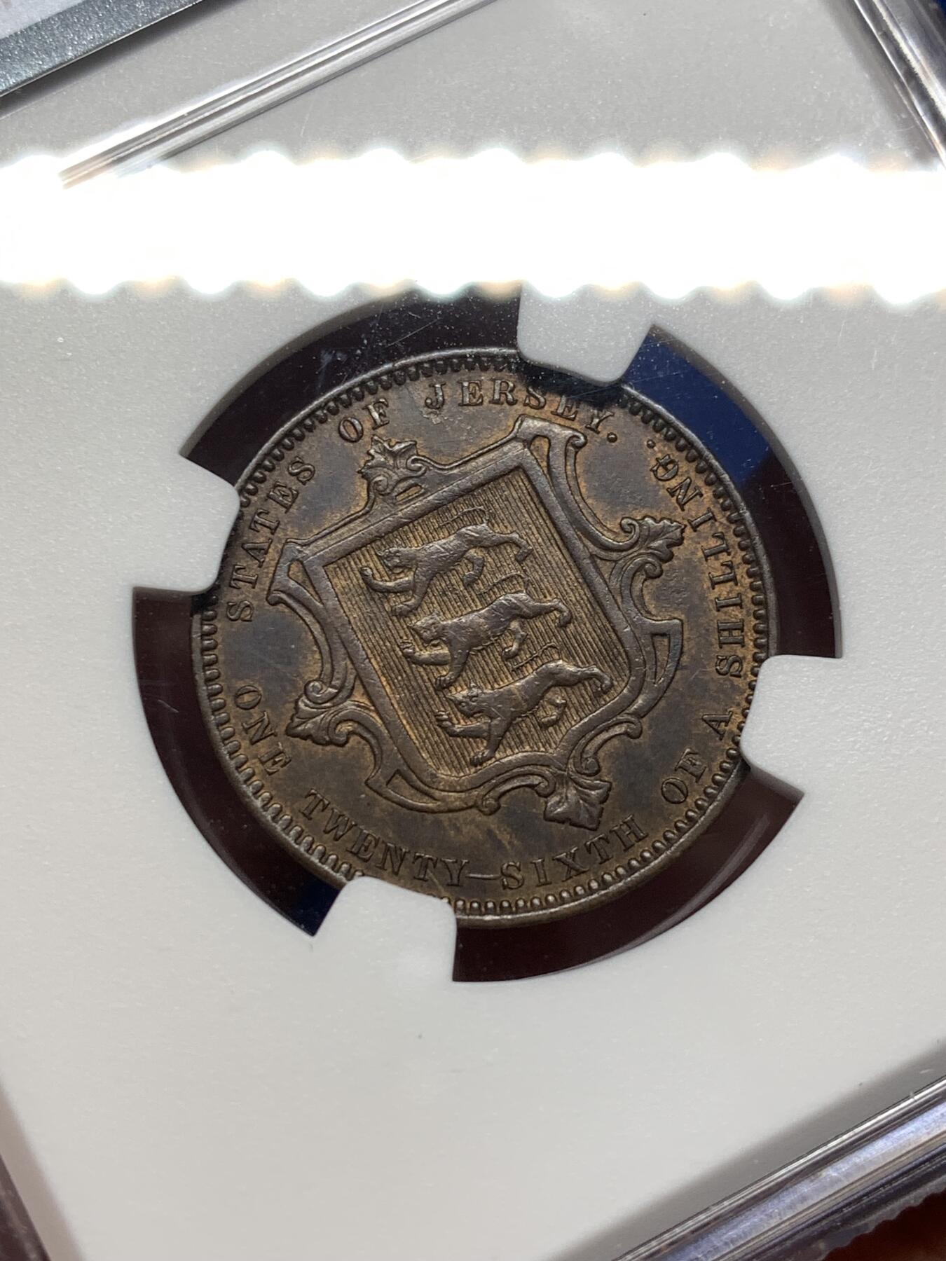 《竞宝斋》第475场 周日，周一 2场连拍 （全场包邮）欢迎送拍 NGC MS61BN 英国泽西岛1866年1/26先令铜币 细节不错