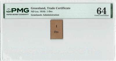 小福收藏拍卖第204期 评级币精选场 本期有 荷兰经典AA冠拿杯子的蛇 叙利亚世遗帕尔米拉古城豹子号冠军分 法国红衣主教冠军分 意大利经典达芬奇   白俄罗斯 "Millennium" 纪念版AA冠全同千位号全套  南斯拉夫铁托未发行版 美国 墨西哥 越南 法属印度支那等多国精美高分珍稀老钞精品纸币 - 格陵兰岛 1910年 1欧尔 PMG64