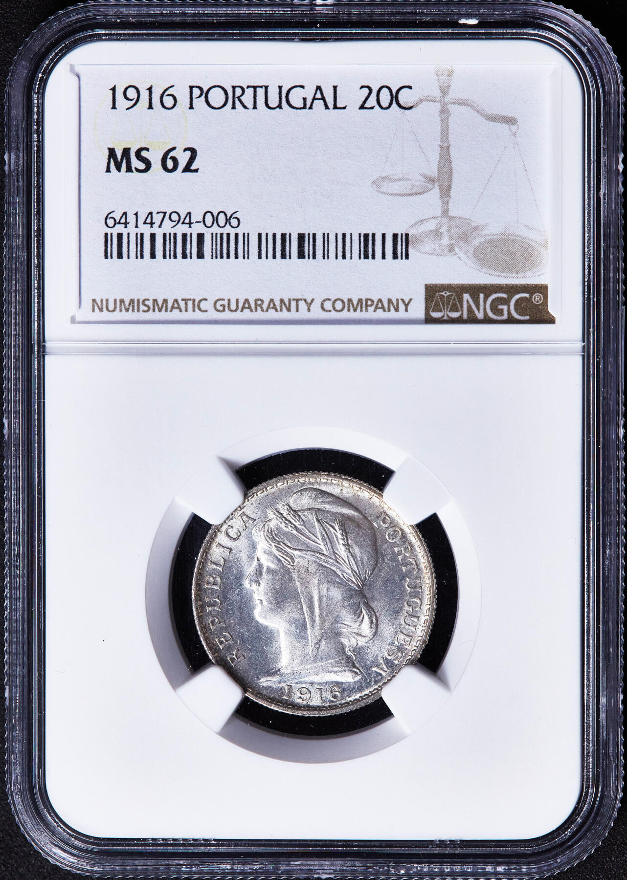 【俄甄集藏】2026年(050)04-01星期三 晚 19:30 全场包邮 葡萄牙1916年女神20分银币，NGC MS62，该版的总筋品种，转光品相