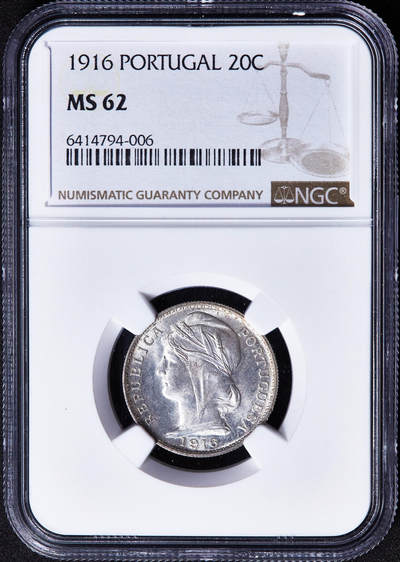 【俄甄集藏】2026年(050)04-01星期三 晚 19:30 全场包邮 - 葡萄牙1916年女神20分银币，NGC MS62，该版的总筋品种，转光品相
