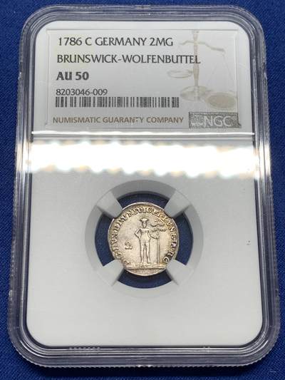 《竞宝斋》第475场 周日，周一 2场连拍 （全场包邮）欢迎送拍 - NGC AU50 德国1786年布伦瑞克-沃尔芬比特尔野人2MG银币