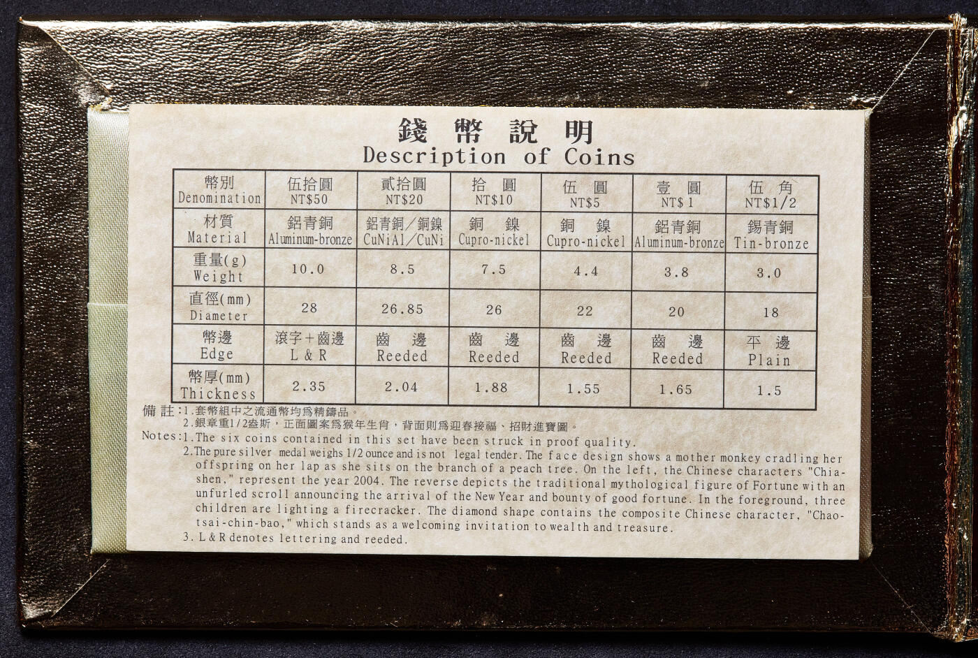 【俄甄集藏】2026年(050)04-01星期三 晚 19:30 全场包邮 中国台湾2004年精制版5角-50元硬币7枚套，原盒证，含一枚1/2盎司甲申猴年招财进宝999银章