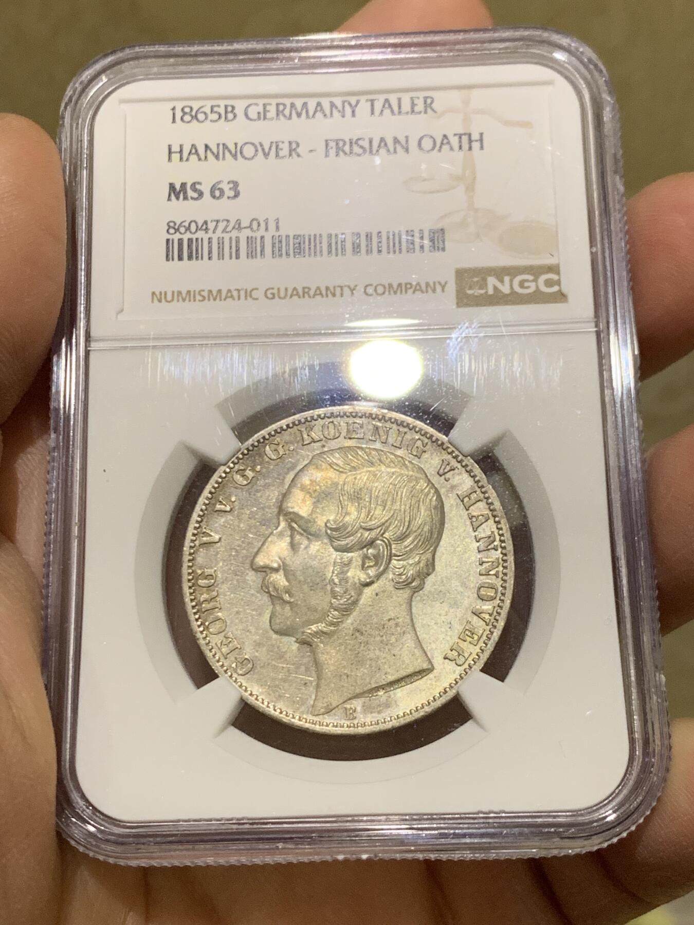 《竞宝斋》第475场 周日，周一 2场连拍 （全场包邮）欢迎送拍 NGC MS63 德国汉诺威1865橡树泰勒银币 实物PL质感 状态很不错 泰勒名誉品 铸造量2000枚 季军分