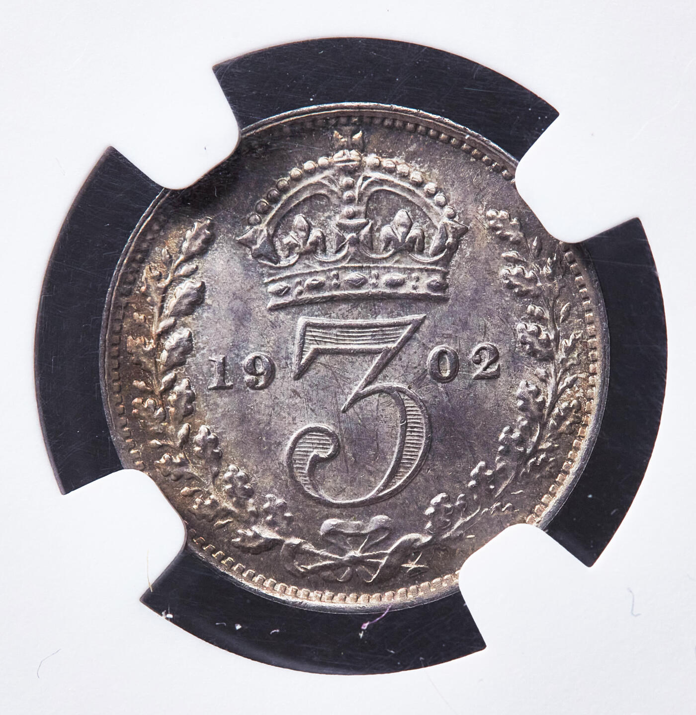 【俄甄集藏】2026年(050)04-01星期三 晚 19:30 全场包邮 英国1902年爱德华七世3便士银币，NGC MS64，黄油五彩，转光品相