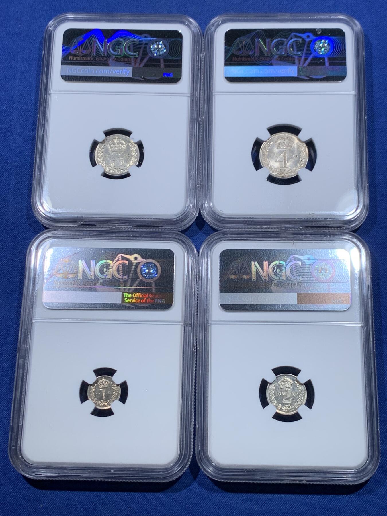 《竞宝斋》第475场 周日，周一 2场连拍 （全场包邮）欢迎送拍 四枚一组 NGC UNC-MS63 英国1895年维多利亚披纱濯足币 1-4便士银币