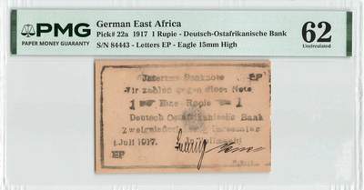 小福收藏拍卖第204期 评级币精选场 本期有 荷兰经典AA冠拿杯子的蛇 叙利亚世遗帕尔米拉古城豹子号冠军分 法国红衣主教冠军分 意大利经典达芬奇   白俄罗斯 "Millennium" 纪念版AA冠全同千位号全套  南斯拉夫铁托未发行版 美国 墨西哥 越南 法属印度支那等多国精美高分珍稀老钞精品纸币 - 德属东非 1917年 1 Rupie 著名的“丛林票” 数3 PMG62