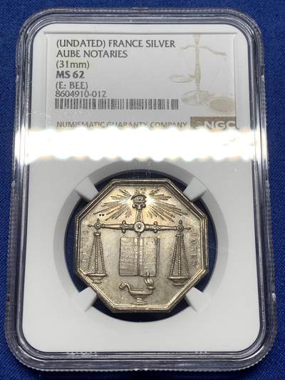 《竞宝斋》第475场 周日，周一 2场连拍 （全场包邮）欢迎送拍 - NGC MS62 法国奥布省塞纳河畔樊商公证人协会八角银质代币，31mm，蜜蜂边铭，少见品