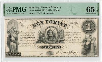 小福收藏拍卖第204期 评级币精选场 本期有 荷兰经典AA冠拿杯子的蛇 叙利亚世遗帕尔米拉古城豹子号冠军分 法国红衣主教冠军分 意大利经典达芬奇   白俄罗斯 "Millennium" 纪念版AA冠全同千位号全套  南斯拉夫铁托未发行版 美国 墨西哥 越南 法属印度支那等多国精美高分珍稀老钞精品纸币 - 匈牙利 1852年 1福林 173年老钞 精美 PMG65 EPQ 亚军分