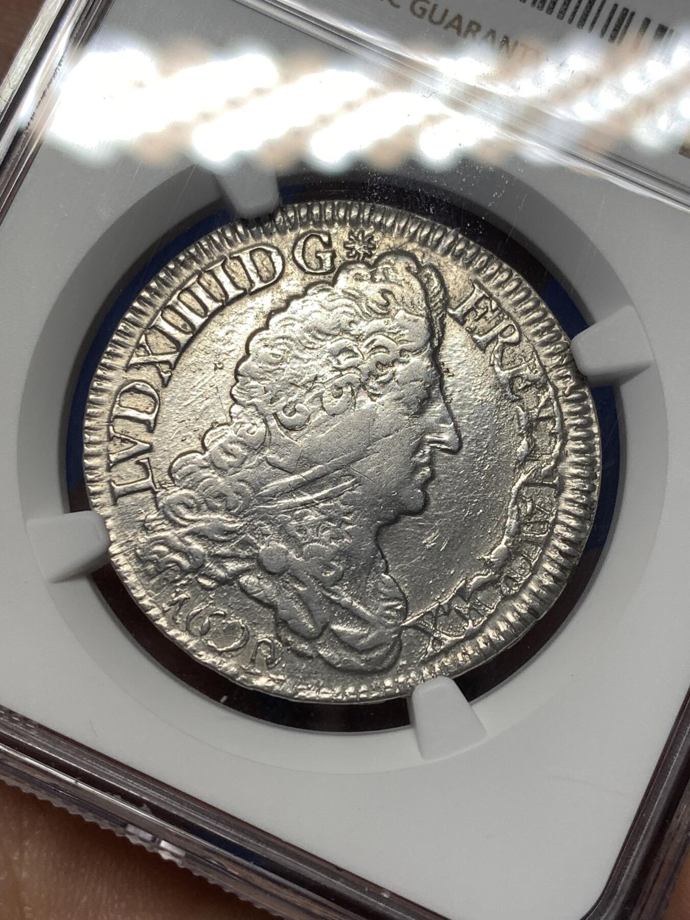 《竞宝斋》第475场 周日，周一 2场连拍 （全场包邮）欢迎送拍 NGC XFD 法国1690年路易十四1/2埃居银币