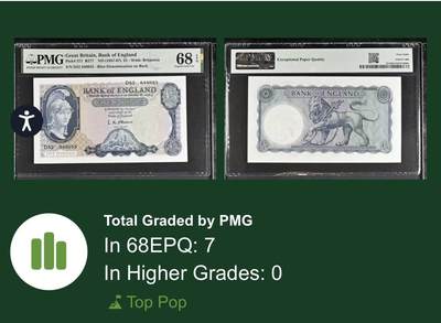 【Blue Auction】✨世界纸币精拍800期盛典——白金之夜🔥🔥🔥 G-【冠军分】英国 1957-67年 B序列5镑 PMG68EPQ 超高分 圣乔治屠龙 狮子