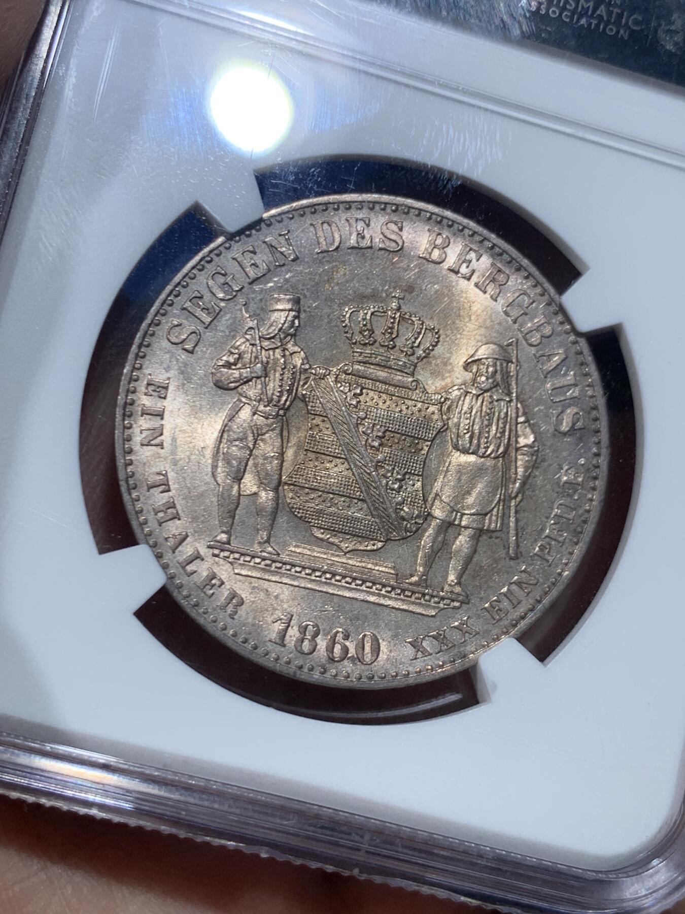 《竞宝斋》第475场 周日，周一 2场连拍 （全场包邮）欢迎送拍 NGC AU58 德国 1860 萨克森矿业泰勒 略感低评