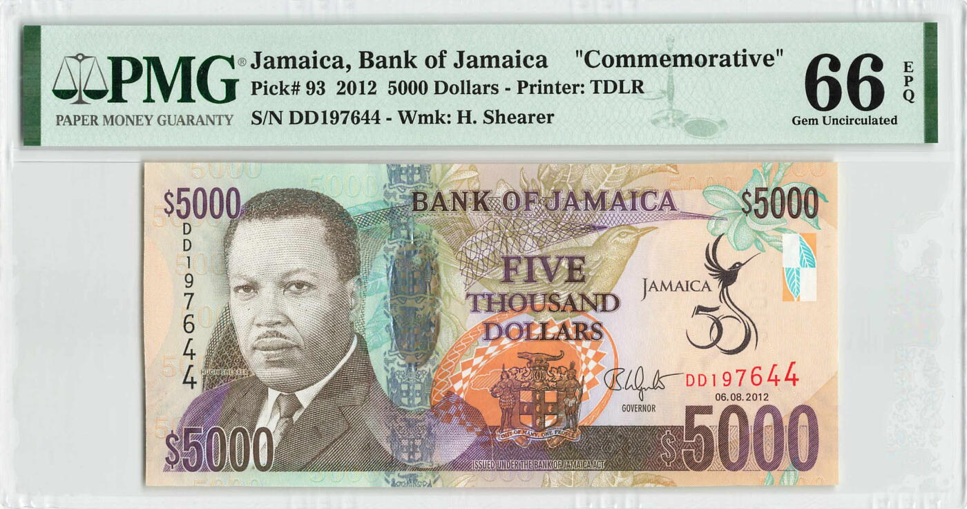 小福收藏拍卖第204期 评级币精选场 本期有 荷兰经典AA冠拿杯子的蛇 叙利亚世遗帕尔米拉古城豹子号冠军分 法国红衣主教冠军分 意大利经典达芬奇   白俄罗斯 "Millennium" 纪念版AA冠全同千位号全套  南斯拉夫铁托未发行版 美国 墨西哥 越南 法属印度支那等多国精美高分珍稀老钞精品纸币 牙买加 2012年 5000元 金禧纪念钞 少见 双尾 PMG66 EPQ 季军分