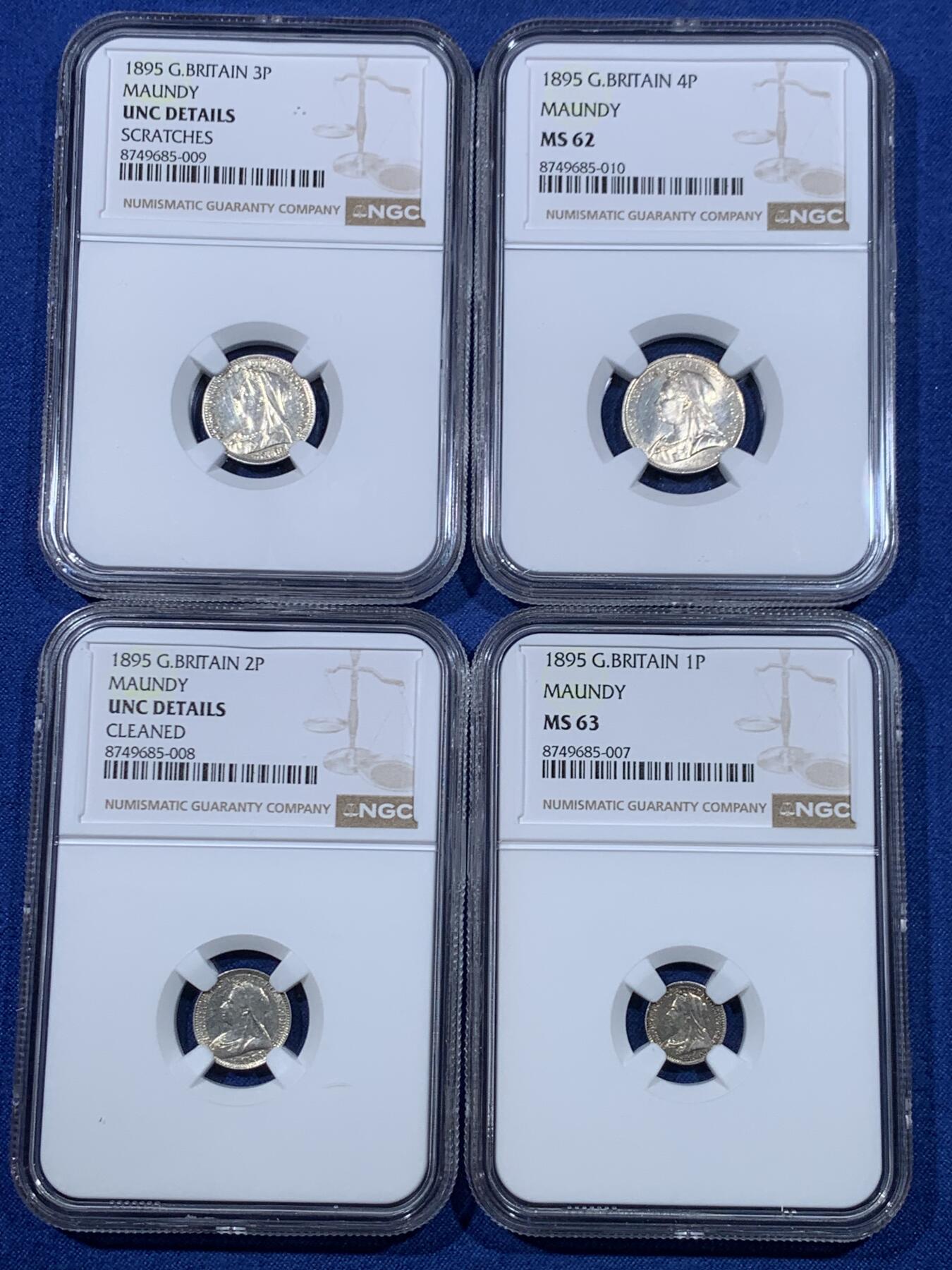 《竞宝斋》第475场 周日，周一 2场连拍 （全场包邮）欢迎送拍 四枚一组 NGC UNC-MS63 英国1895年维多利亚披纱濯足币 1-4便士银币