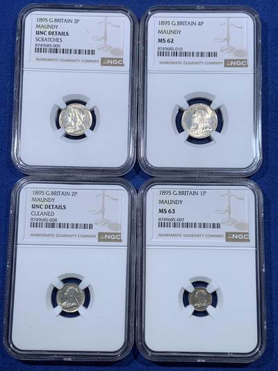《竞宝斋》第475场 周日，周一 2场连拍 （全场包邮）欢迎送拍 - 四枚一组 NGC UNC-MS63 英国1895年维多利亚披纱濯足币 1-4便士银币