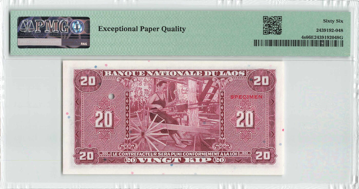 小福收藏拍卖第204期 评级币精选场 本期有 荷兰经典AA冠拿杯子的蛇 叙利亚世遗帕尔米拉古城豹子号冠军分 法国红衣主教冠军分 意大利经典达芬奇   白俄罗斯 "Millennium" 纪念版AA冠全同千位号全套  南斯拉夫铁托未发行版 美国 墨西哥 越南 法属印度支那等多国精美高分珍稀老钞精品纸币 老挝 1957年 20基普 美钞版 少见样钞 PMG66 EPQ 季军分