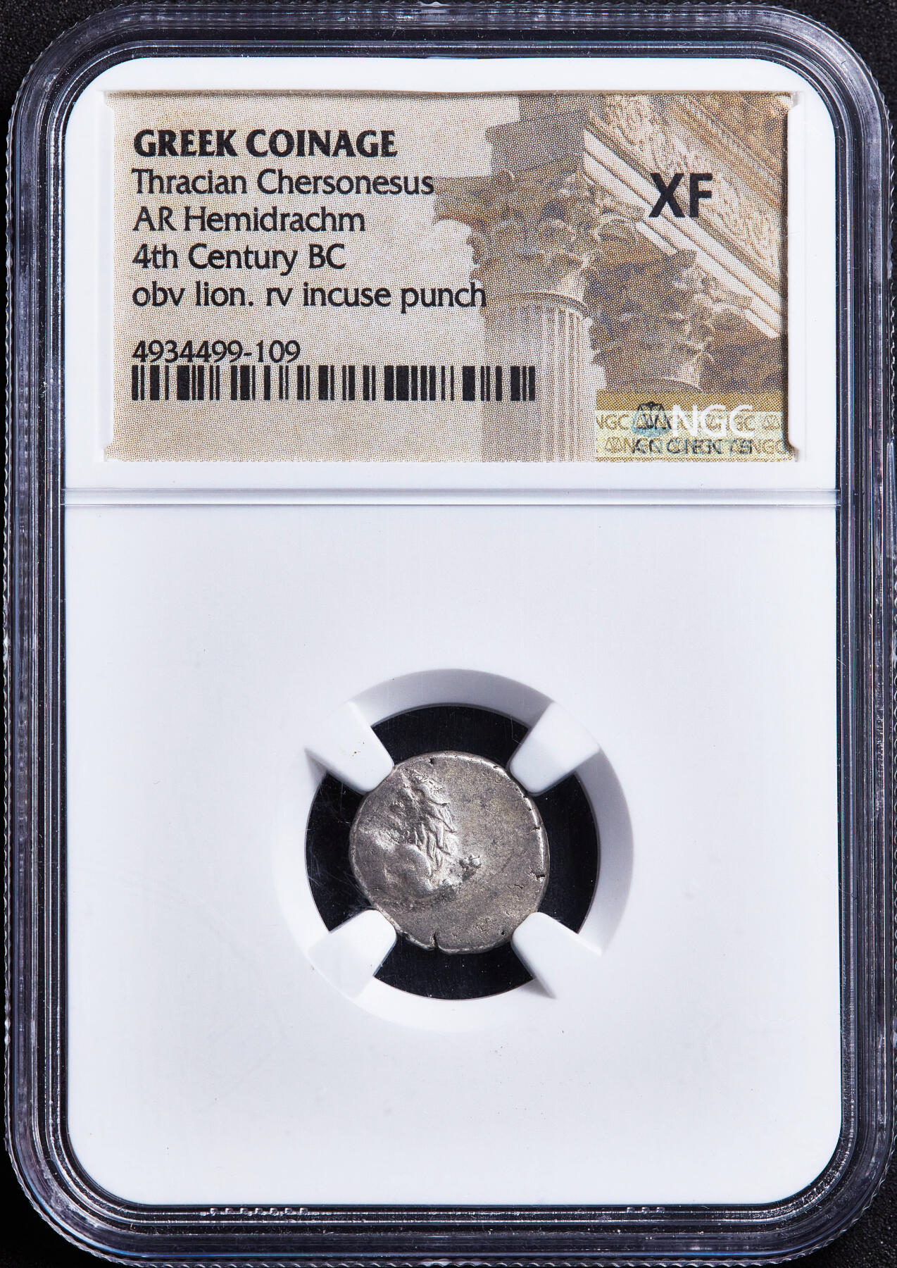 【俄甄集藏】2026年(050)04-01星期三 晚 19:30 全场包邮 古希腊色雷斯切尔松尼索斯城公元前4世纪半德拉克马回首狮子银币，NGC XF，切尔松尼索斯城发行，正面是回首狮子图案，背面为四格戳记，打制清晰，难得