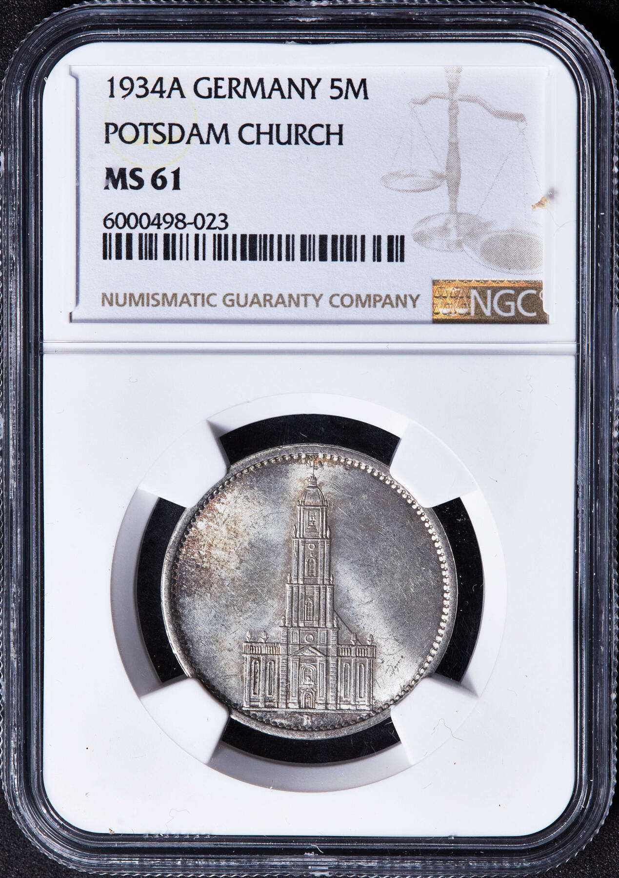 【俄甄集藏】2026年(050)04-01星期三 晚 19:30 全场包邮 德国第三帝国1934年A版波茨坦教堂无字版5马克银币，NGC MS61，原味包浆，转光品相