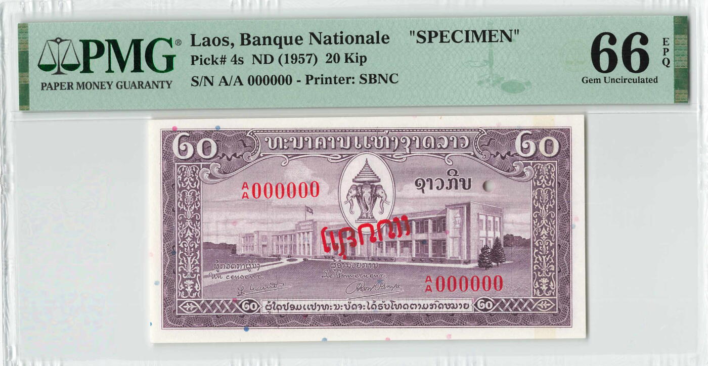 小福收藏拍卖第204期 评级币精选场 本期有 荷兰经典AA冠拿杯子的蛇 叙利亚世遗帕尔米拉古城豹子号冠军分 法国红衣主教冠军分 意大利经典达芬奇   白俄罗斯 "Millennium" 纪念版AA冠全同千位号全套  南斯拉夫铁托未发行版 美国 墨西哥 越南 法属印度支那等多国精美高分珍稀老钞精品纸币 老挝 1957年 20基普 美钞版 少见样钞 PMG66 EPQ 季军分