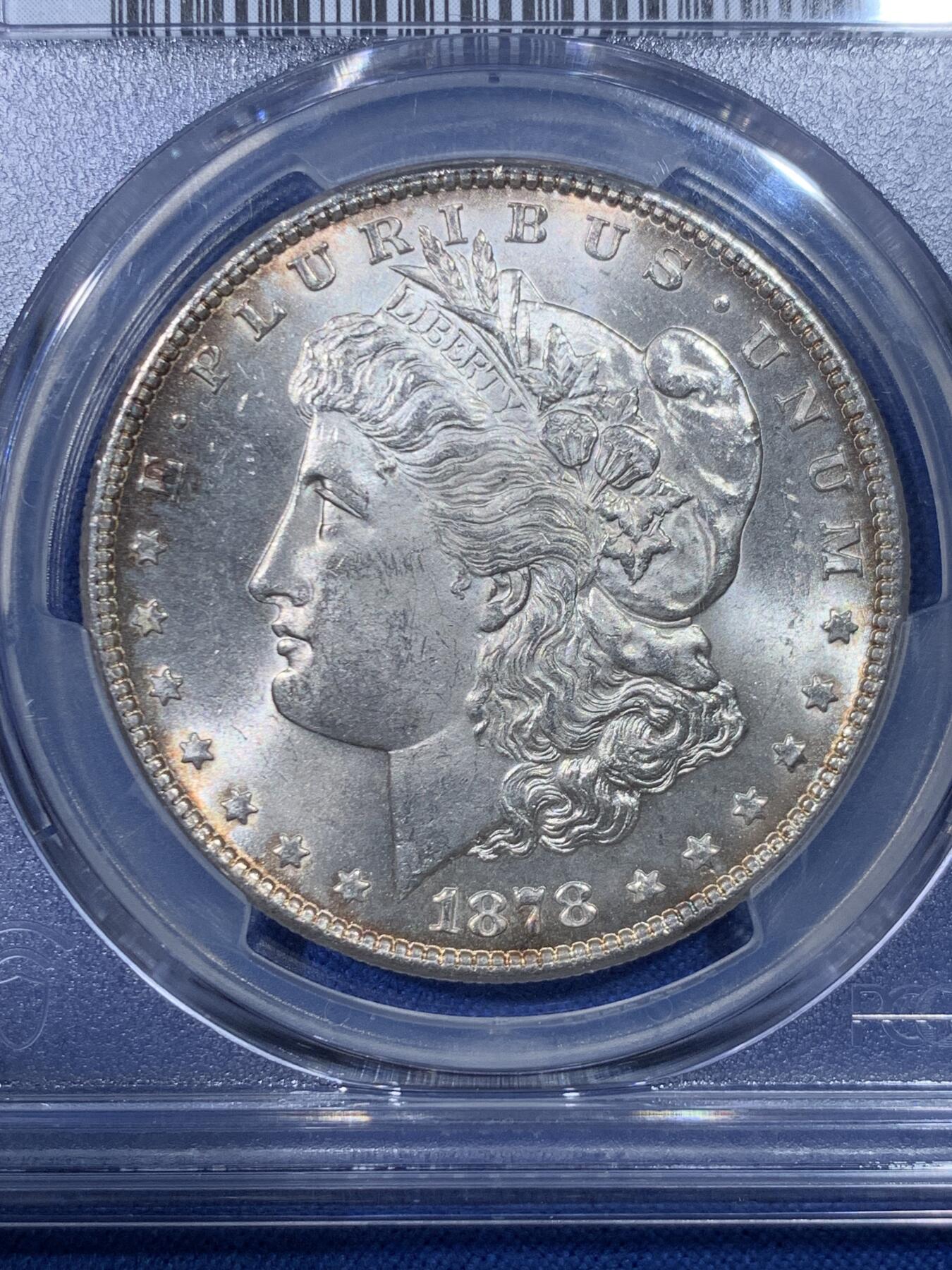 《竞宝斋》第475场 周日，周一 2场连拍 （全场包邮）欢迎送拍 PCGS MS64 美国 1878 S 摩根银币 稀有首年摩根 转光犀利 边缘包裹环状赤红包浆 背面支撑有磕