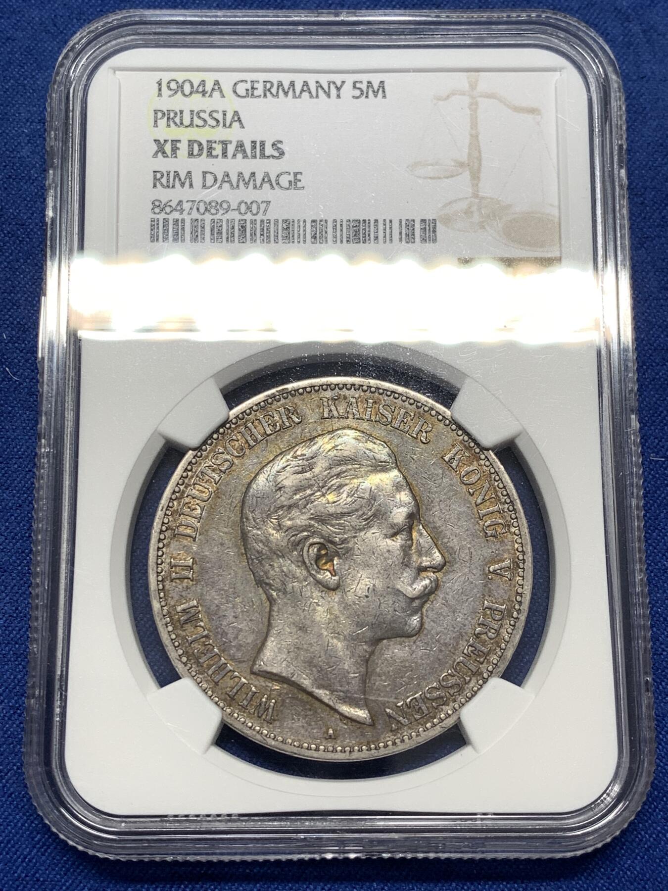 《竞宝斋》第475场 周日，周一 2场连拍 （全场包邮）欢迎送拍 NGC XFD 德国1904年威廉二世5马克银币