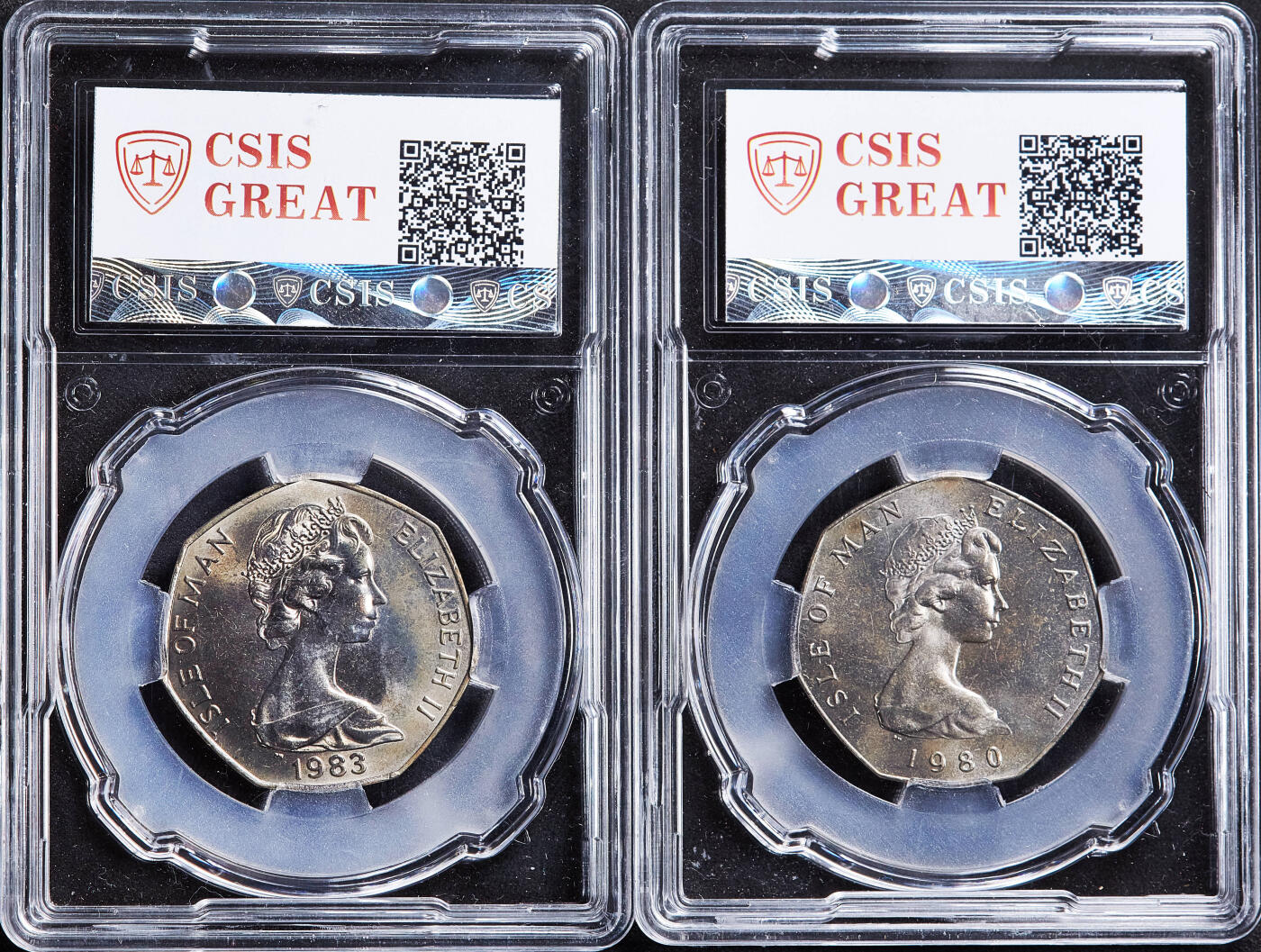 【俄甄集藏】2026年(050)04-01星期三 晚 19:30 全场包邮 英属马恩岛1980-1988年圣诞节50便士纪念币10枚一组，信泰 MS64-MS66，发行量均为30000枚