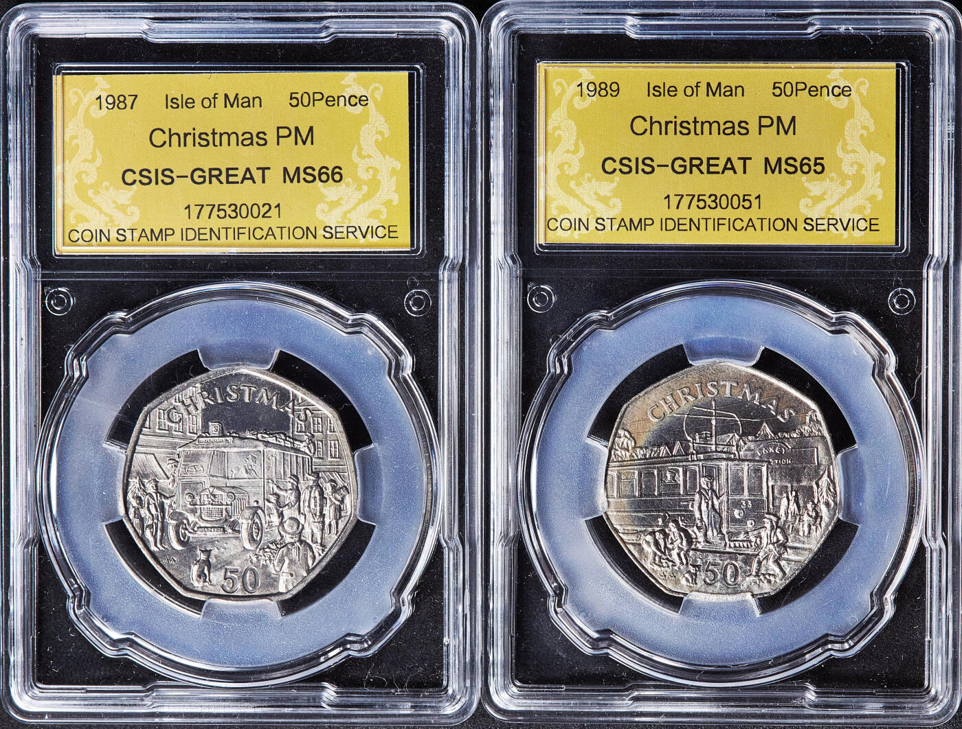 【俄甄集藏】2026年(050)04-01星期三 晚 19:30 全场包邮 英属马恩岛1980-1988年圣诞节50便士纪念币10枚一组，信泰 MS64-MS66，发行量均为30000枚