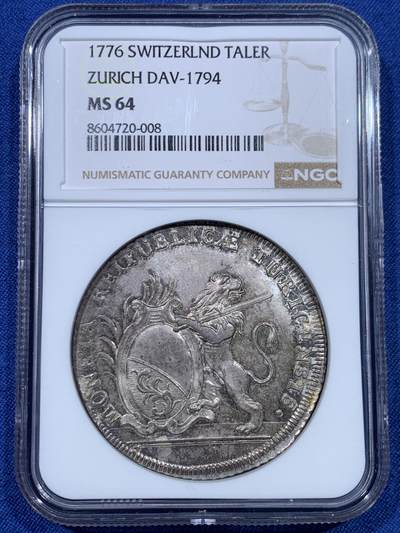 《竞宝斋》第475场 周日，周一 2场连拍 （全场包邮）欢迎送拍 - NGC MS64 瑞士 苏黎世1776年 持剑狮子1泰勒大银币 仅发行两年 非常少见的品种 季军分 更高分仅两枚