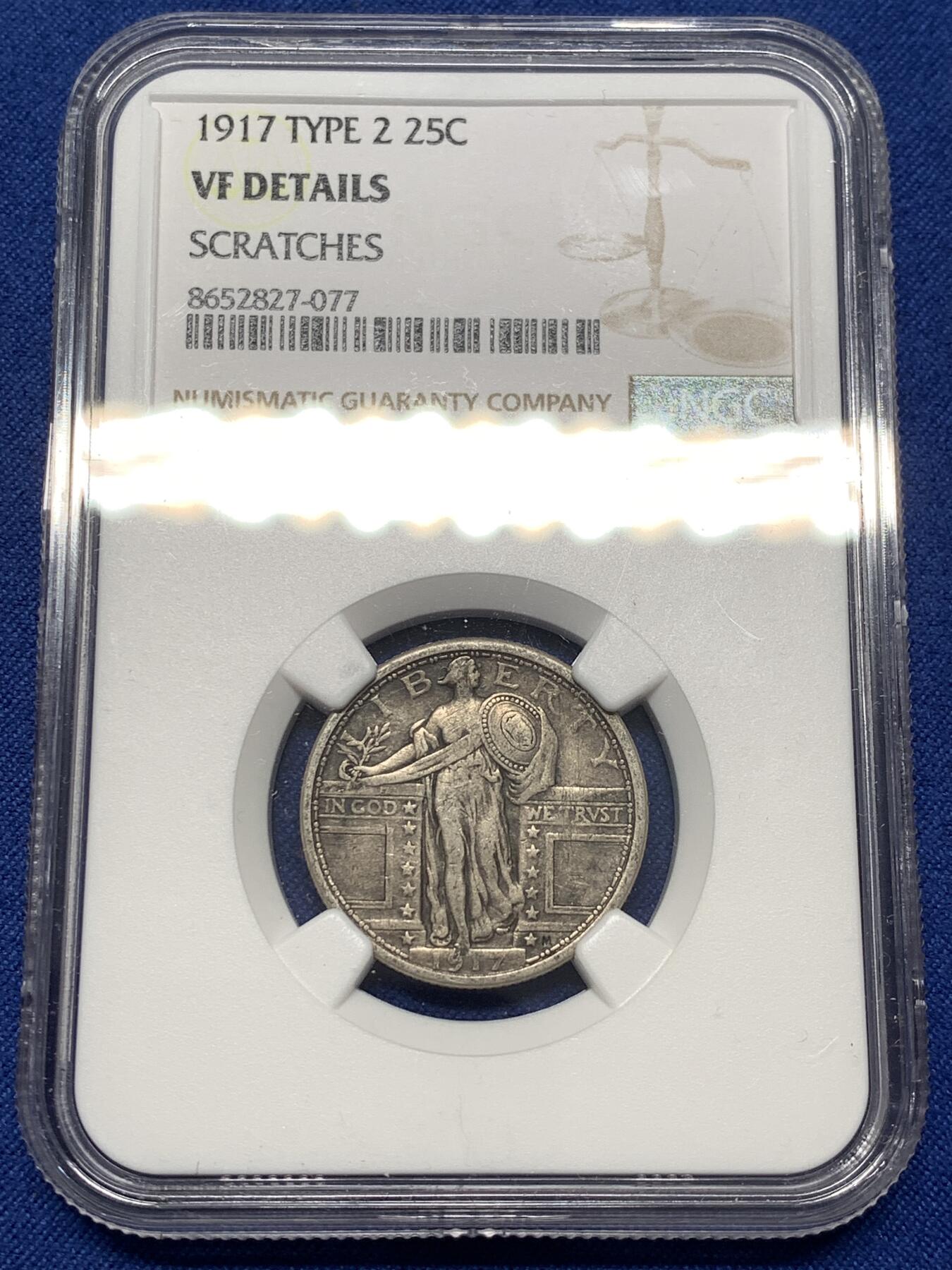 《竞宝斋》第475场 周日，周一 2场连拍 （全场包邮）欢迎送拍 NGC VFD 美国1917年type 1版本25美分银币，NGC错标成type 2，实际是鹰下无星type 1版本，仅发行两年。具体版别自辨