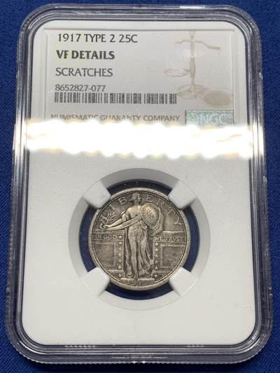 《竞宝斋》第475场 周日，周一 2场连拍 （全场包邮）欢迎送拍 - NGC VFD 美国1917年type 1版本25美分银币，NGC错标成type 2，实际是鹰下无星type 1版本，仅发行两年。具体版别自辨