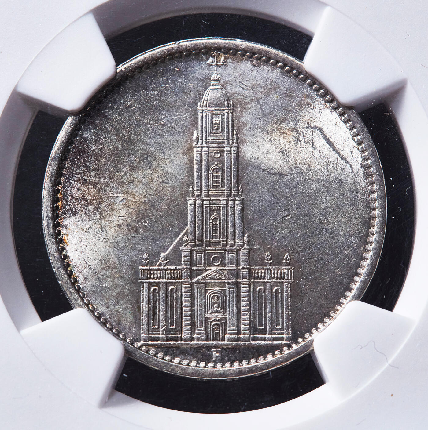 【俄甄集藏】2026年(050)04-01星期三 晚 19:30 全场包邮 德国第三帝国1934年A版波茨坦教堂无字版5马克银币，NGC MS61，原味包浆，转光品相